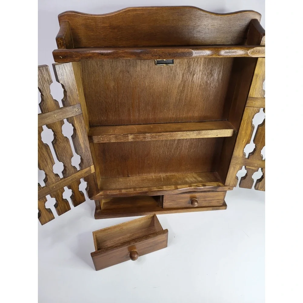 Vintage Wooden Wall Spice Rack Apothecary Cabinet Lattice Doors Drawers Taiwan